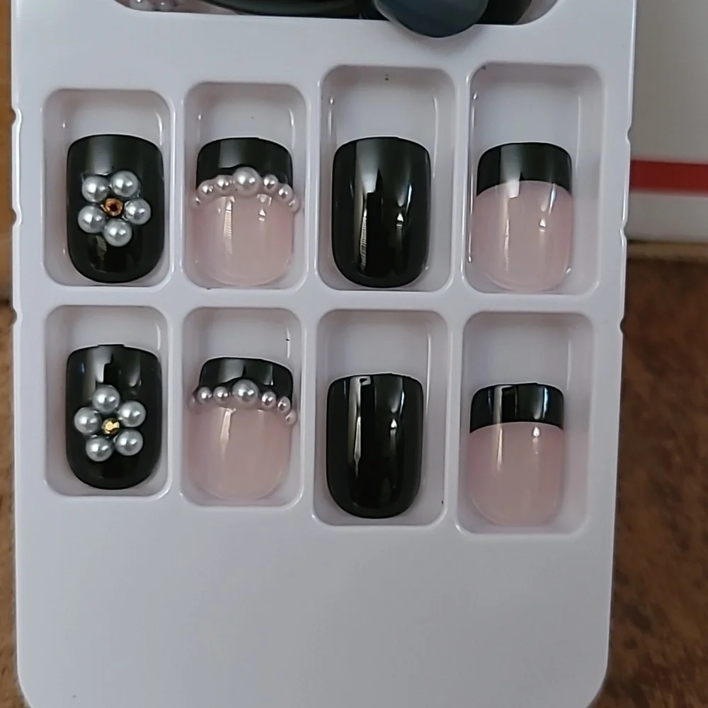 2/$16 3D Pearl Black French Tip Manicure Press On Nails